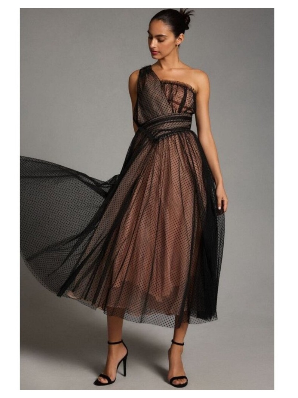 Anthropologie Black and Nude Polka Dot Dress - Size 6